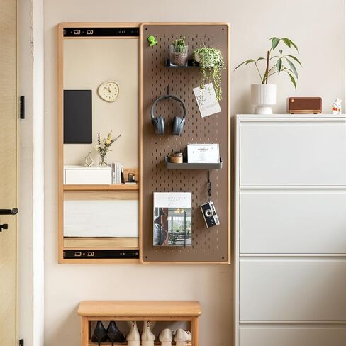 47″x33″ Full Length Mirror with Storage, Solid Beech Wood Wall Mirror, Multifunctional Design Panel Moveable Door Hanging Mirror for Bedroom, Livingroom, Cloakroom in Saudi Arabia
