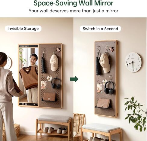 47″x33″ Full Length Mirror with Storage, Solid Beech Wood Wall Mirror, Multifunctional Design Panel Moveable Door Hanging Mirror for Bedroom, Livingroom, Cloakroom in Saudi Arabia