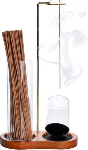 Incense Holder for Sticks with Adhesive-Backed Hook and Loop Fastener Anti-Ash Glass Cups & Sticks Organizer,2 in-1 Style Ideal for Meditation, Yoga, Spa, and Home Decor (Dark Wood Base) in Saudi Arabia