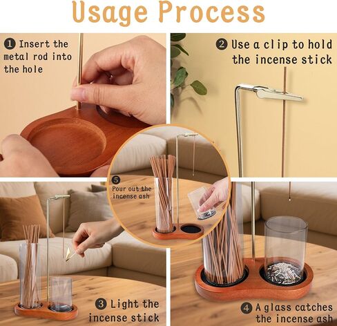 Incense Holder for Sticks with Adhesive-Backed Hook and Loop Fastener Anti-Ash Glass Cups & Sticks Organizer,2 in-1 Style Ideal for Meditation, Yoga, Spa, and Home Decor (Dark Wood Base) in Saudi Arabia