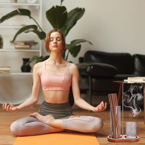 Incense Holder for Sticks with Adhesive-Backed Hook and Loop Fastener Anti-Ash Glass Cups & Sticks Organizer,2 in-1 Style Ideal for Meditation, Yoga, Spa, and Home Decor (Dark Wood Base) in Saudi Arabia