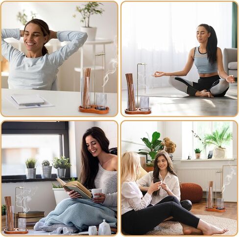 Incense Holder for Sticks with Adhesive-Backed Hook and Loop Fastener Anti-Ash Glass Cups & Sticks Organizer,2 in-1 Style Ideal for Meditation, Yoga, Spa, and Home Decor (Dark Wood Base) in Saudi Arabia