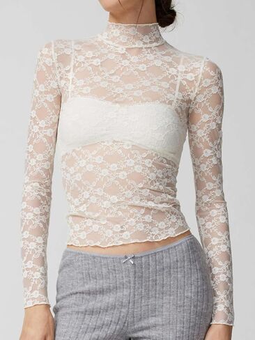 Womens Floral Printed Mesh Tops See Through Blouses One Piece Long Sleeve Sheer Cover Up Shirts Clubwear in Saudi Arabia