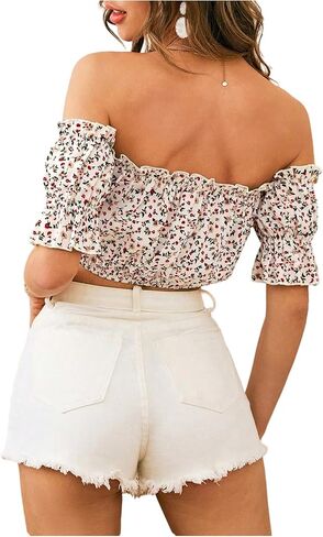 SweatyRocks Women's Ditsy Floral Off The Shoulder Crop Top Ruffle Puff Sleeve Tie Front Blouse Tops in Saudi Arabia
