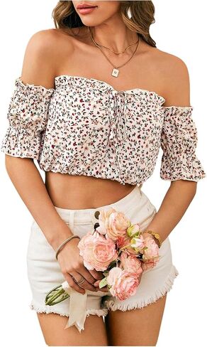 SweatyRocks Women's Ditsy Floral Off The Shoulder Crop Top Ruffle Puff Sleeve Tie Front Blouse Tops in Saudi Arabia