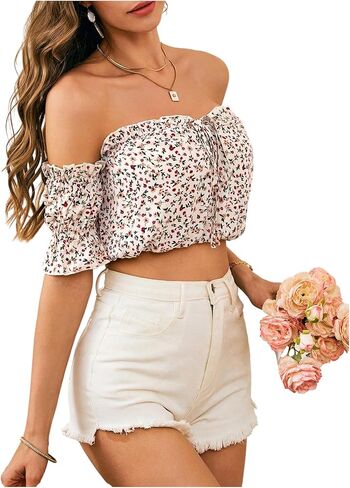 SweatyRocks Women's Ditsy Floral Off The Shoulder Crop Top Ruffle Puff Sleeve Tie Front Blouse Tops in Saudi Arabia