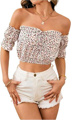 SweatyRocks Women's Ditsy Floral Off The Shoulder Crop Top Ruffle Puff Sleeve Tie Front Blouse Tops in Saudi Arabia