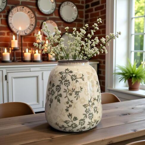 مزهرية سيراميك ريفية، مزهرية زهور عتيقة كبيرة، مزهرية زخرفية مترابطة مقاس 14.4 بوصة، مزهرية مزرعة بمقبضين، مزهرية بامباس مزخرفة بزهرة فخارية، مزهرية تيرا كوتا (أبيض طويل القامة-02) in Kuwait