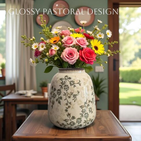 مزهرية سيراميك ريفية، مزهرية زهور عتيقة كبيرة، مزهرية زخرفية مترابطة مقاس 14.4 بوصة، مزهرية مزرعة بمقبضين، مزهرية بامباس مزخرفة بزهرة فخارية، مزهرية تيرا كوتا (أبيض طويل القامة-02) in Kuwait