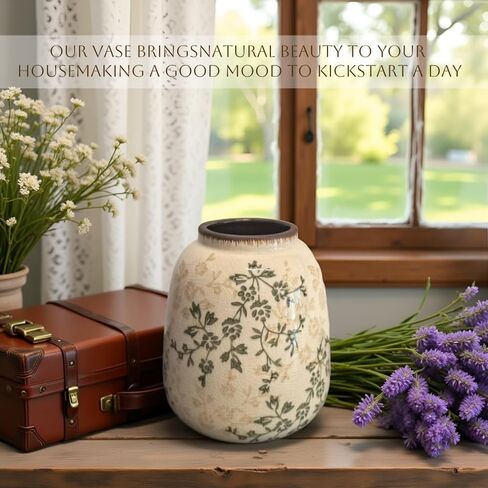 مزهرية سيراميك ريفية، مزهرية زهور عتيقة كبيرة، مزهرية زخرفية مترابطة مقاس 14.4 بوصة، مزهرية مزرعة بمقبضين، مزهرية بامباس مزخرفة بزهرة فخارية، مزهرية تيرا كوتا (أبيض طويل القامة-02) in Kuwait