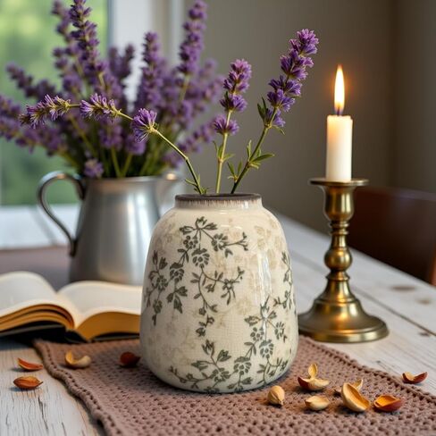 مزهرية سيراميك ريفية، مزهرية زهور عتيقة كبيرة، مزهرية زخرفية مترابطة مقاس 14.4 بوصة، مزهرية مزرعة بمقبضين، مزهرية بامباس مزخرفة بزهرة فخارية، مزهرية تيرا كوتا (أبيض طويل القامة-02) in Kuwait