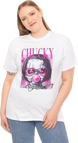 Chucky Child's Play Graphic T-Shirt, White Cotton Blend, Pink Horror Movie Design, Unisex Adult, Crew Neck (US, Alpha, X-Large, Regular, Regular) in Saudi Arabia