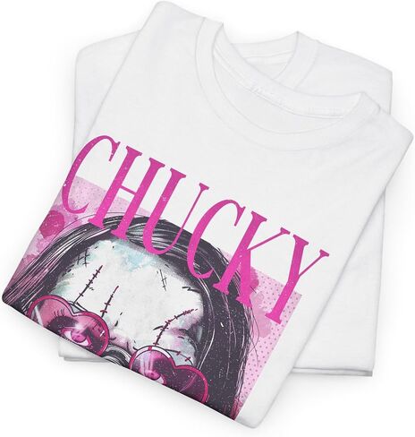 Chucky Child's Play Graphic T-Shirt, White Cotton Blend, Pink Horror Movie Design, Unisex Adult, Crew Neck (US, Alpha, X-Large, Regular, Regular) in Saudi Arabia