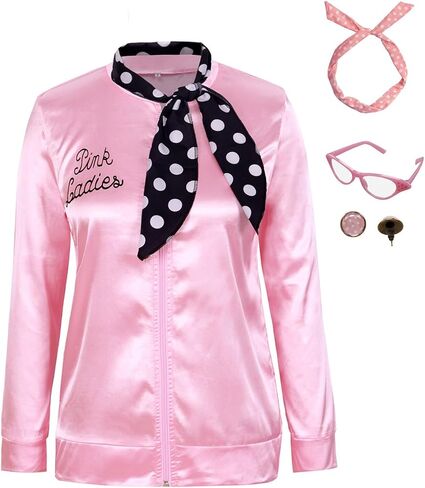 1950s Women Lady Pink Satin Jacket Halloween Cosplay Costume Coat with Neck Scarf in Saudi Arabia