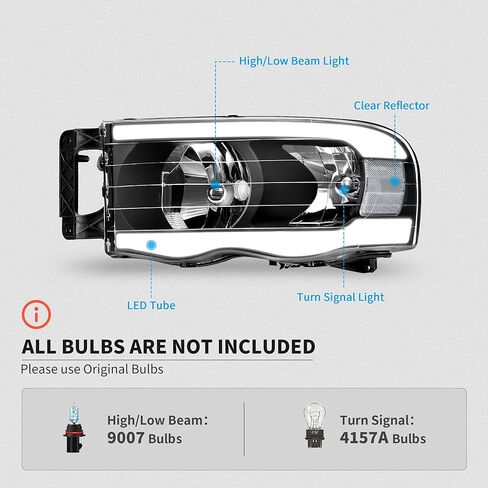 مجموعة المصابيح الأمامية LEDKINGDOMUS، معتمدة من DOT، متوافقة مع 2006 2007 2008 دودج رام 1500/06-09 دودج رام 2500 3500 استبدال المصابيح الأمامية بيك اب غطاء أسود كهرماني عاكس عدسة شفافة in Kuwait