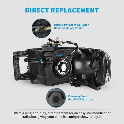 مجموعة المصابيح الأمامية LEDKINGDOMUS، معتمدة من DOT، متوافقة مع 2006 2007 2008 دودج رام 1500/06-09 دودج رام 2500 3500 استبدال المصابيح الأمامية بيك اب غطاء أسود كهرماني عاكس عدسة شفافة in Kuwait