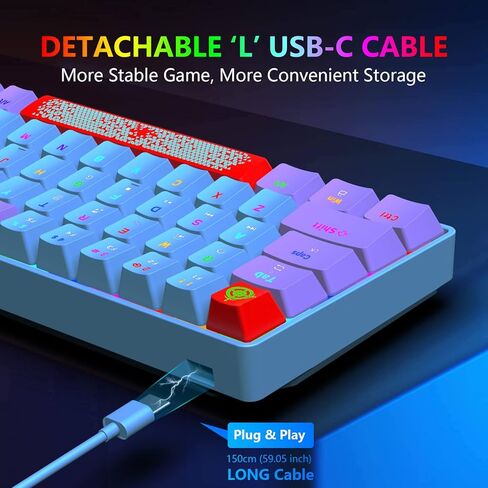 لوحة مفاتيح ميكانيكية سلكية 60% من FELICON، لوحة مفاتيح ألعاب صغيرة مدمجة بإضاءة خلفية RGB 68 مفتاحًا، جميع المفاتيح مضادة للشبح، لوحة ماوس ملونة مقاومة للماء من النوع C لأجهزة الكمبيوتر المحمول التي تعمل بنظام Windows وأجهزة الكمبيوتر المحمول Mac (مفتاح  in Saudi Arabia