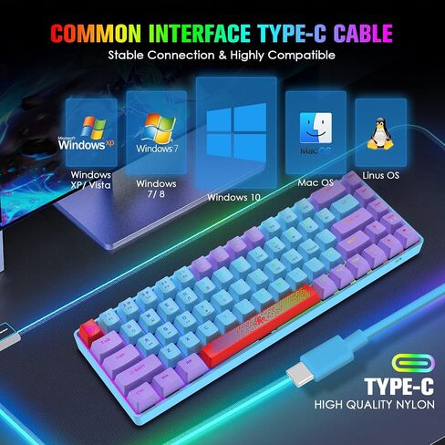 لوحة مفاتيح ميكانيكية سلكية 60% من FELICON، لوحة مفاتيح ألعاب صغيرة مدمجة بإضاءة خلفية RGB 68 مفتاحًا، جميع المفاتيح مضادة للشبح، لوحة ماوس ملونة مقاومة للماء من النوع C لأجهزة الكمبيوتر المحمول التي تعمل بنظام Windows وأجهزة الكمبيوتر المحمول Mac (مفتاح  in Saudi Arabia