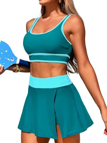 Color Block Skirt Swimsuits for Women,High Waisted Modest Sporty Bikini Sets,Two Piece Bathing Suit Beach Vacation in Kuwait