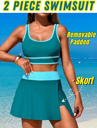 Color Block Skirt Swimsuits for Women,High Waisted Modest Sporty Bikini Sets,Two Piece Bathing Suit Beach Vacation in Kuwait