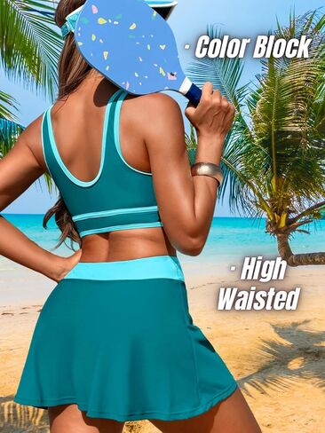 Color Block Skirt Swimsuits for Women,High Waisted Modest Sporty Bikini Sets,Two Piece Bathing Suit Beach Vacation in Kuwait