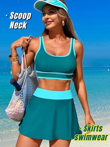 Color Block Skirt Swimsuits for Women,High Waisted Modest Sporty Bikini Sets,Two Piece Bathing Suit Beach Vacation in Kuwait