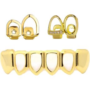 3PC Gold Hip Hop Teeth Grillz for Men Women Punk Style Rapper Teeth Grillz Teeth Caps Top Bottom Set Removable Cz Star Heart Mouth Grills Christmas Party Costume Jewelry in Kuwait