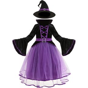 زي الساحرة الأرجواني للفتيات من LMYOVE، زي ساحرة للفتيات مع قبعة، فستان ساحرة الهالوين in Kuwait