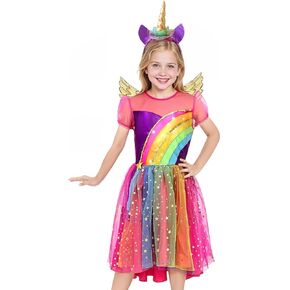 Unicorn Dress for Girls,7-12 Years Rainbow Unicorn Costume with Headband and Wings for Halloween Birthday Party in Kuwait