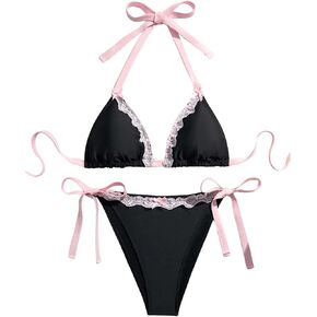 WDIRARA Women's Plus Size Lace Trim Halter Bikini Set Triangle String Swimsuit 2 Piece Bathing Suit in Saudi Arabia