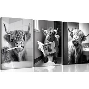3pcs Funny Highland Cow Bathroom Canvas Wall Art Black and White Cute Cow Animal Painting Picture Wall Decor Rustic Farmhouse Cow in Toilet Poster Print Artwork for Bathroom Restroom Home Decoration in Saudi Arabia