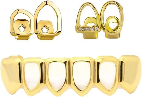 3PC Gold Hip Hop Teeth Grillz for Men Women Punk Style Rapper Teeth Grillz Teeth Caps Top Bottom Set Removable Cz Star Heart Mouth Grills Christmas Party Costume Jewelry in Kuwait