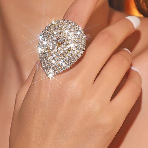Rhinestone Ring for Women Sparkling Round Crystal Ring Open Water Drop Ring Adjustable Rheinstone Ring Wedding Ball Party Rings Jewelry in Saudi Arabia