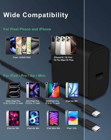 Pixel 9/8/7/6/5 Fast Charger, 30W USB C Charger Block for Google Pixel 9/9 Pro/9 Pro XL/8/8a /8 Pro/7 Pro/7a/7/6/5/4/3 XL, Galaxy S24/S23/S22, Type C Fast Charging Block Plug with 6FT USB C to C Cable in Kuwait