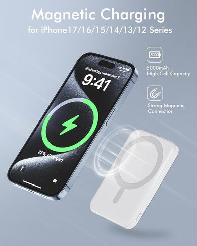 podoru for Magsafe Battery Pack, 5000mAh Magnetic Power Bank with Type-C Cable 20W PD Fast Charging Lighting Input Wireless Portable Charger for iPhone 16/15/14/13/12/ All Series-Black in Saudi Arabia