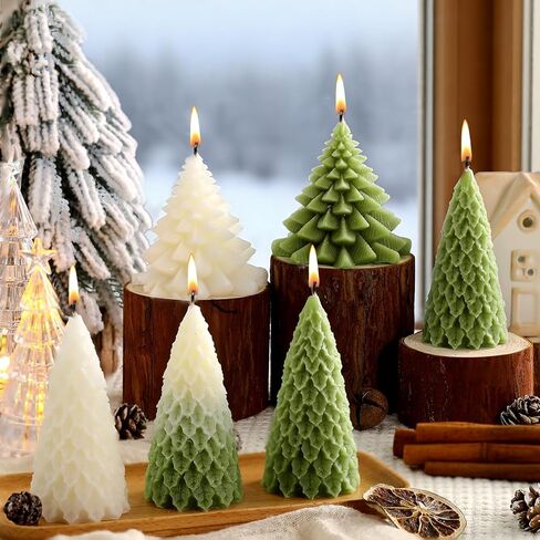 6 Pieces Large Christmas Tree Candles Xmas Wax Scented Candles 3.7 Inch Christmas Tree Shaped Candles Gifts for Winter Home Decor Party Bedroom Room Table Decorations, 4 Style in Kuwait