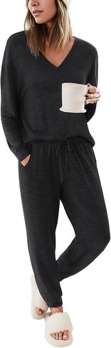 Ekouaer Womens Jogger Pajama Sets Long Sleeve Top and Pants Lounge Sets Soft Sleepwear with Pockets in Saudi Arabia