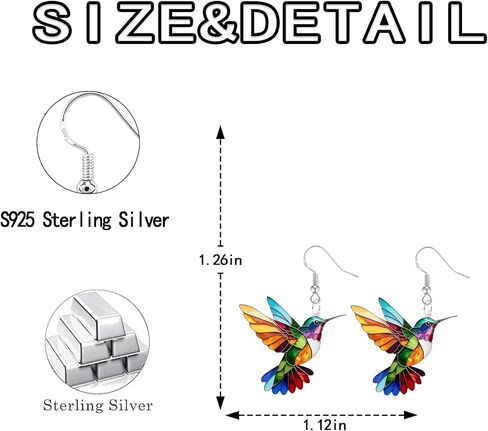 Colorful Hummingbird Dangle Earrings for Women, 925 Sterling Silver Earrings, 2D Novelty Bird Drop Earrings, Humming Animals Jewelry in Saudi Arabia
