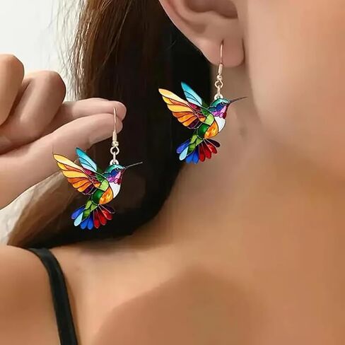 Colorful Hummingbird Dangle Earrings for Women, 925 Sterling Silver Earrings, 2D Novelty Bird Drop Earrings, Humming Animals Jewelry in Saudi Arabia