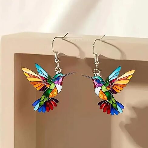 Colorful Hummingbird Dangle Earrings for Women, 925 Sterling Silver Earrings, 2D Novelty Bird Drop Earrings, Humming Animals Jewelry in Saudi Arabia
