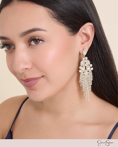 Jessica Simpson Clear Crystal Dangle Earrings for Women, Gold-Tone Rhinestone Drop Earrings with Rhinestone Fringe in Saudi Arabia