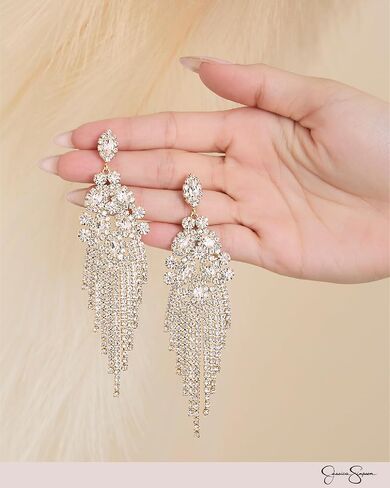 Jessica Simpson Clear Crystal Dangle Earrings for Women, Gold-Tone Rhinestone Drop Earrings with Rhinestone Fringe in Saudi Arabia