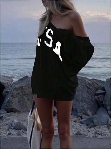 SOLY HUX Women's Off the Shoulder Sweatshirt Letter Graphic Long Sleeve Oversized Casual Pullover Tops in Saudi Arabia