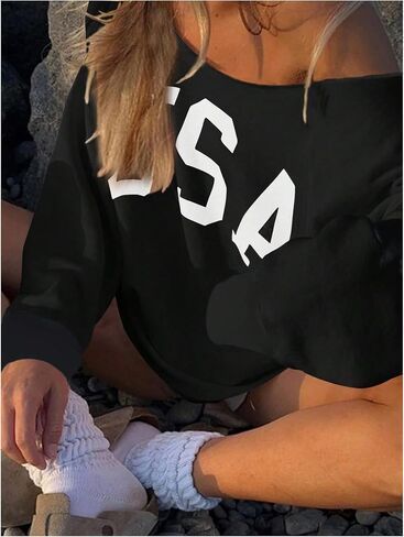 SOLY HUX Women's Off the Shoulder Sweatshirt Letter Graphic Long Sleeve Oversized Casual Pullover Tops in Saudi Arabia
