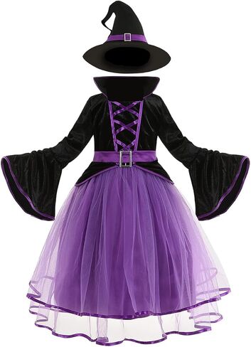 زي الساحرة الأرجواني للفتيات من LMYOVE، زي ساحرة للفتيات مع قبعة، فستان ساحرة الهالوين in Kuwait