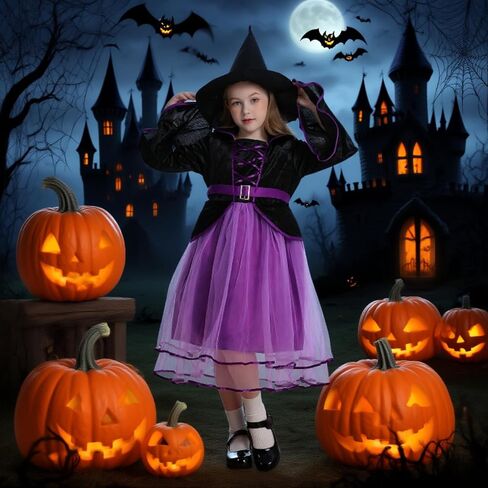 زي الساحرة الأرجواني للفتيات من LMYOVE، زي ساحرة للفتيات مع قبعة، فستان ساحرة الهالوين in Kuwait