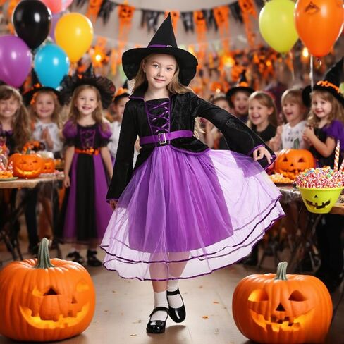 زي الساحرة الأرجواني للفتيات من LMYOVE، زي ساحرة للفتيات مع قبعة، فستان ساحرة الهالوين in Kuwait