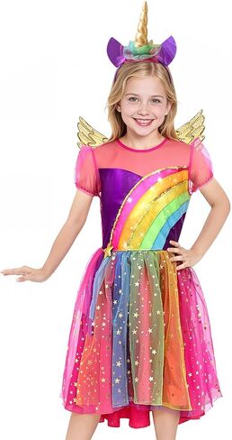 Unicorn Dress for Girls,7-12 Years Rainbow Unicorn Costume with Headband and Wings for Halloween Birthday Party in Kuwait