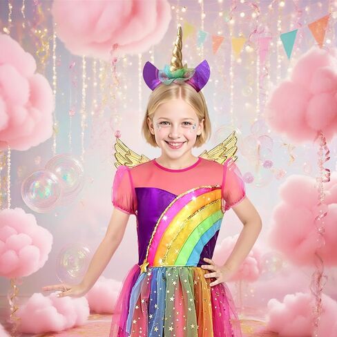 Unicorn Dress for Girls,7-12 Years Rainbow Unicorn Costume with Headband and Wings for Halloween Birthday Party in Kuwait