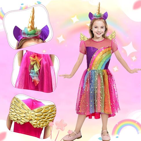 Unicorn Dress for Girls,7-12 Years Rainbow Unicorn Costume with Headband and Wings for Halloween Birthday Party in Kuwait